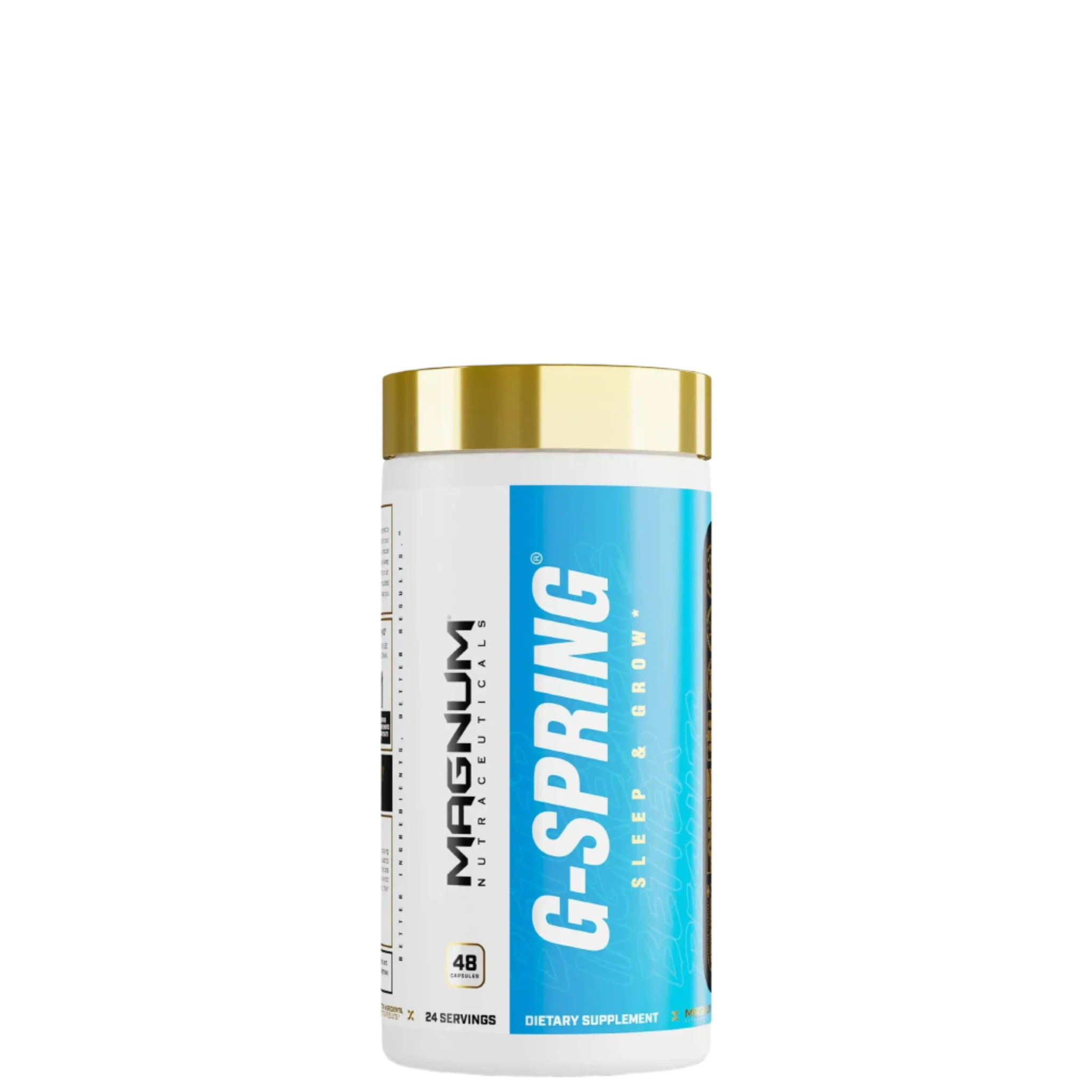 A container of Magnum G-Spring dietary supplement with a white body and a gold-colored lid, labeled for sleep and recovery.