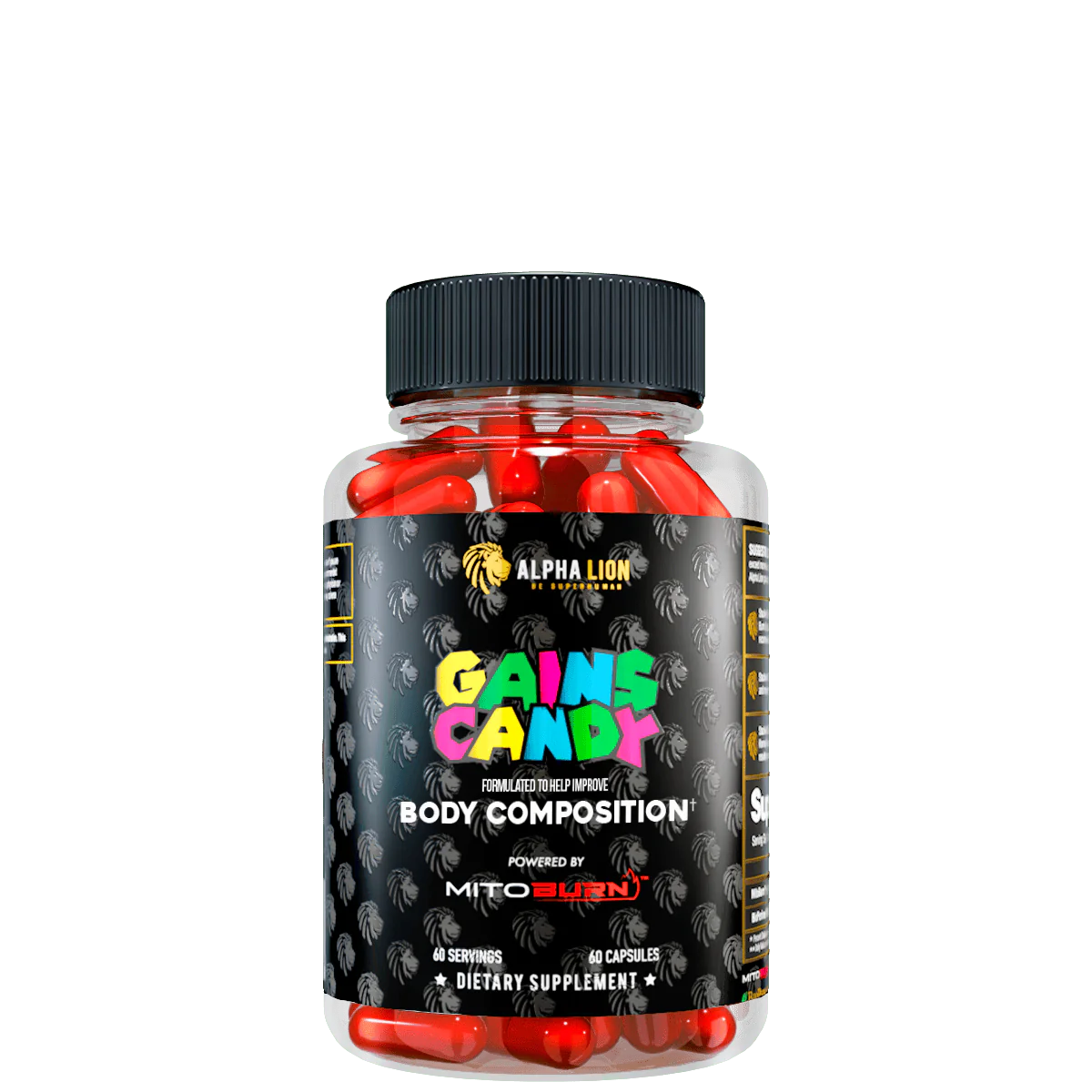 Container with black label and red capsules.