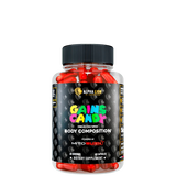 Container with black label and red capsules.