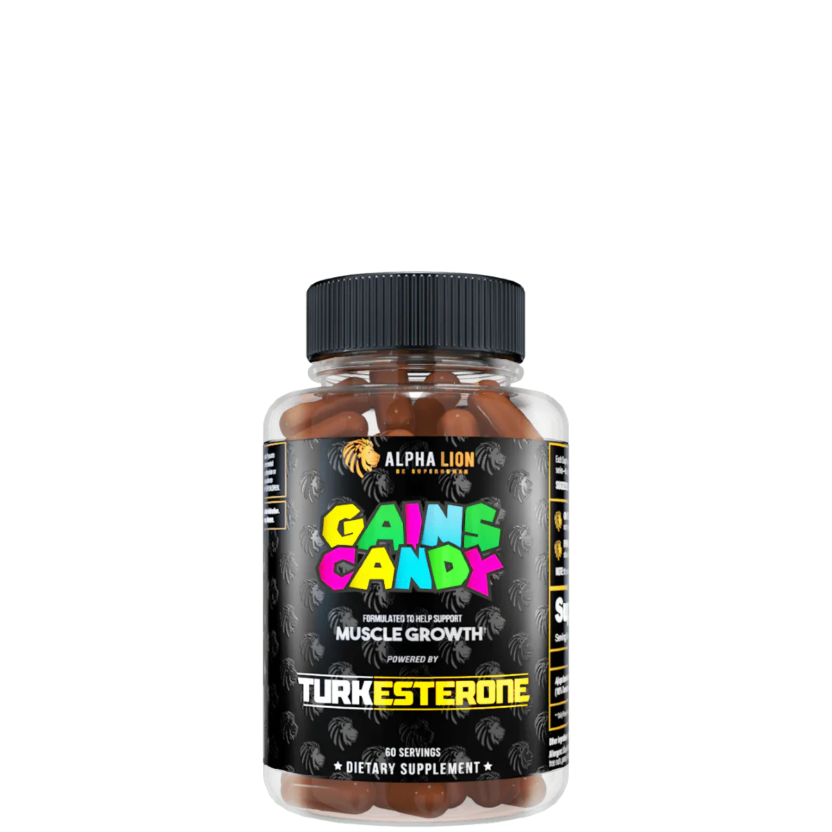 A container of GAINS CANDY TURKESTERONE, a dietary supplement for muscle growth, with a black and yellow label.