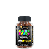 A container of GAINS CANDY TURKESTERONE, a dietary supplement for muscle growth, with a black and yellow label.