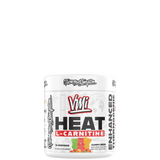 Container of VMI Sports Heat L-Carnitine Powder with colorful label design.