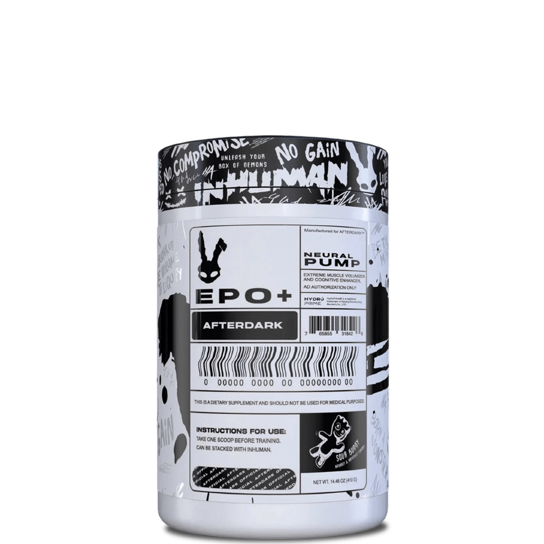 A container of AfterDark EPO+ with labeling that includes a rabbit logo, barcode, and text related to the product instructions and dietary information.