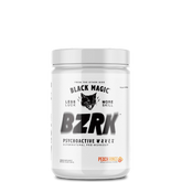 A container of BZRK pre-workout supplement in peach rings flavor, with the brand's logo and the word 'PEACH' visible on the label.