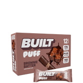 Packaging for Built Puff Protein Bars in Brownie Batter flavor, displaying the product name, a brief description, nutritional information, and the number of bars in the package.