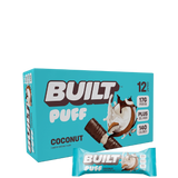 Packaging for Built Puff Protein Bars in Brownie Batter flavor, displaying the product name, a brief description, nutritional information, and the number of bars in the package.