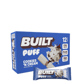 Packaging for Built Puff Protein Bars in Brownie Batter flavor, displaying the product name, a brief description, nutritional information, and the number of bars in the package.