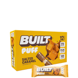 Packaging for Built Puff Protein Bars in Brownie Batter flavor, displaying the product name, a brief description, nutritional information, and the number of bars in the package.