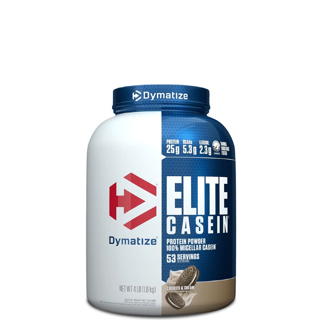 A container of Dymatize Elite Casein protein powder, showing the label with the product name and weight information.