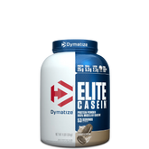 A container of Dymatize Elite Casein protein powder, showing the label with the product name and weight information.