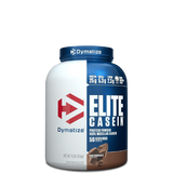 A container of Dymatize Elite Casein protein powder, showing the label with the product name and weight information.