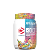 A container of Dymatize ISO100 Hydrolyzed 100% Whey Protein Isolate, featuring cartoon characters and product information on the label.