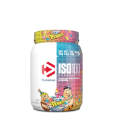 A container of Dymatize ISO100 Hydrolyzed 100% Whey Protein Isolate, featuring cartoon characters and product information on the label.