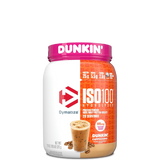 A container of Dymatize ISO100 Hydrolyzed 100% Whey Protein Isolate, featuring cartoon characters and product information on the label.