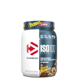 A container of Dymatize ISO100 Hydrolyzed 100% Whey Protein Isolate, featuring cartoon characters and product information on the label.