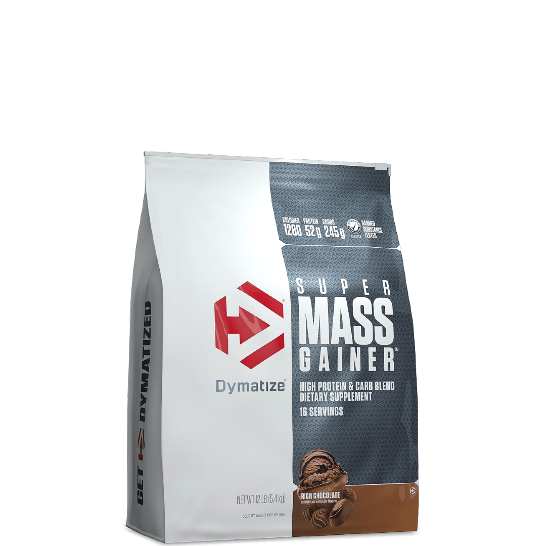 A package of Dymatize Super Mass Gainer in chocolate flavor, with a weight of 12 lbs.