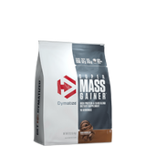 A package of Dymatize Super Mass Gainer in chocolate flavor, with a weight of 12 lbs.