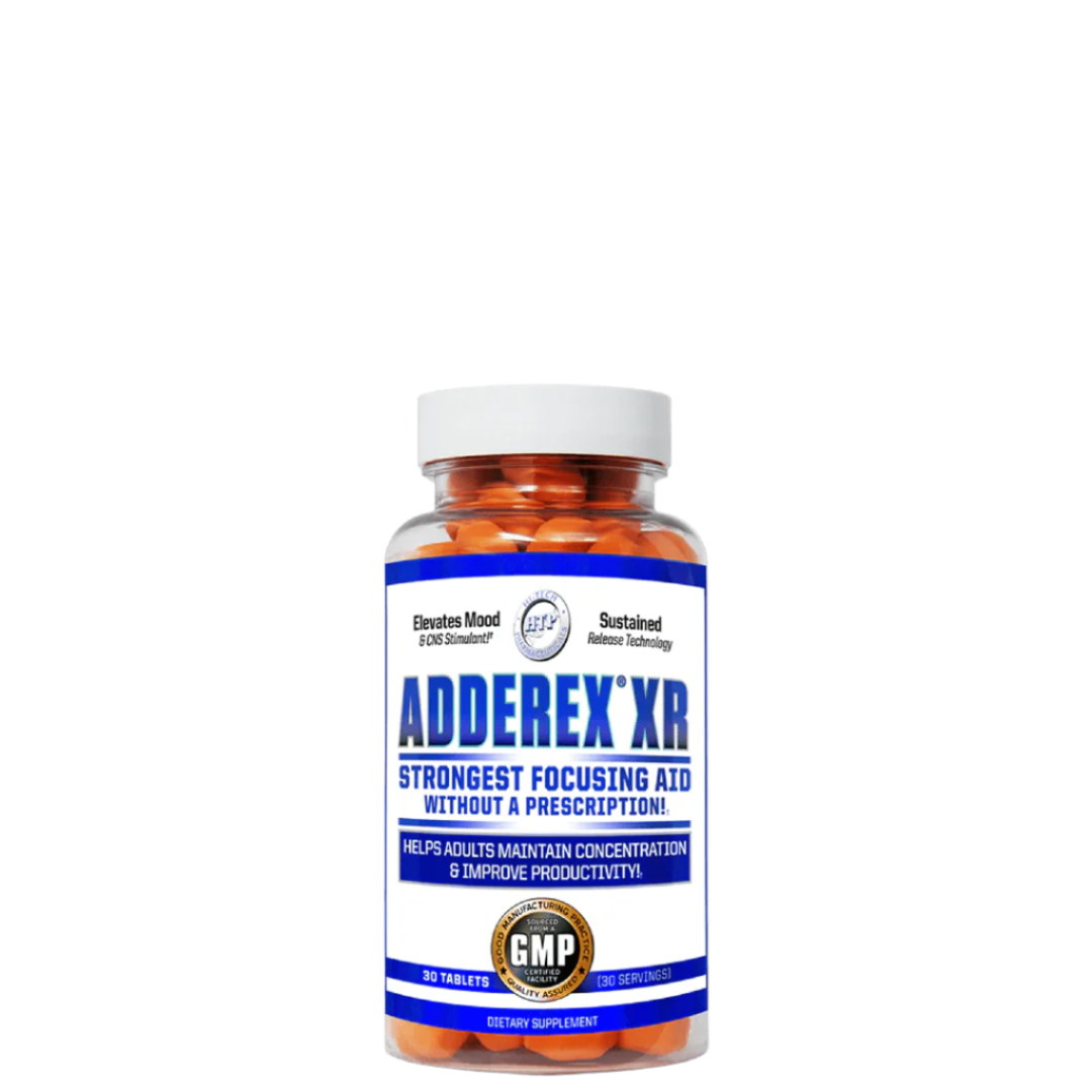 A bottle of Adderex XR tablets from Hi-Tech Pharmaceuticals with blue and white labeling.