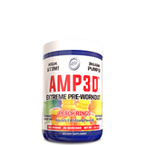 A container of Hi-Tech AMP3D Extreme Pre-Workout in peach rings flavor. The label is colorful with red, blue, and yellow accents and displays the product name prominently.