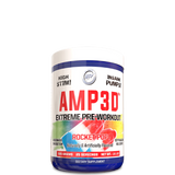 A container of Hi-Tech AMP3D Extreme Pre-Workout in rocket pop flavor. The label is colorful with red, blue, and yellow accents and displays the product name prominently.