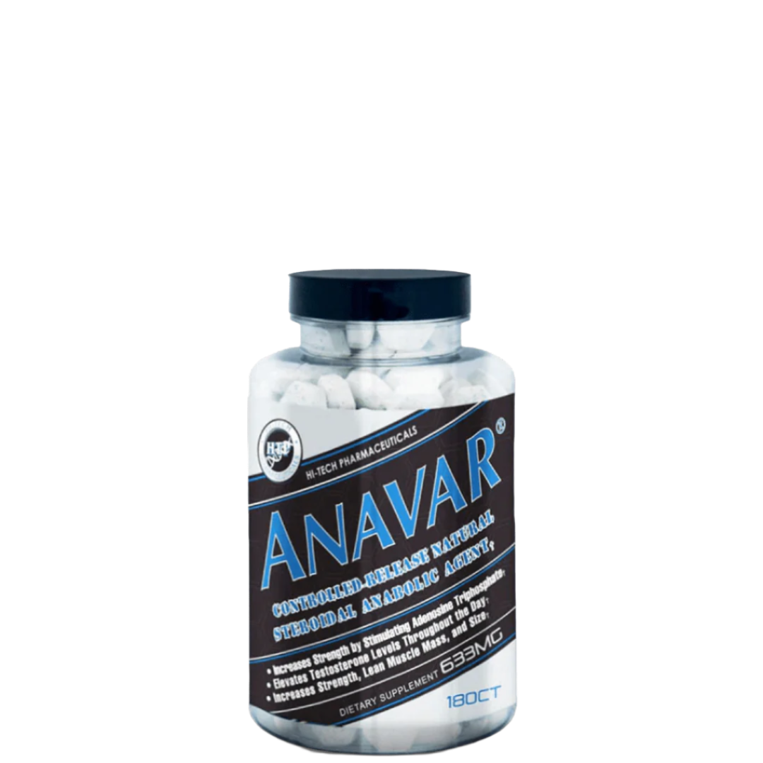 A bottle of Hi-Tech Pharmaceuticals Anavar, containing 180 white tablets, with label information on muscle-building and anabolic agents.