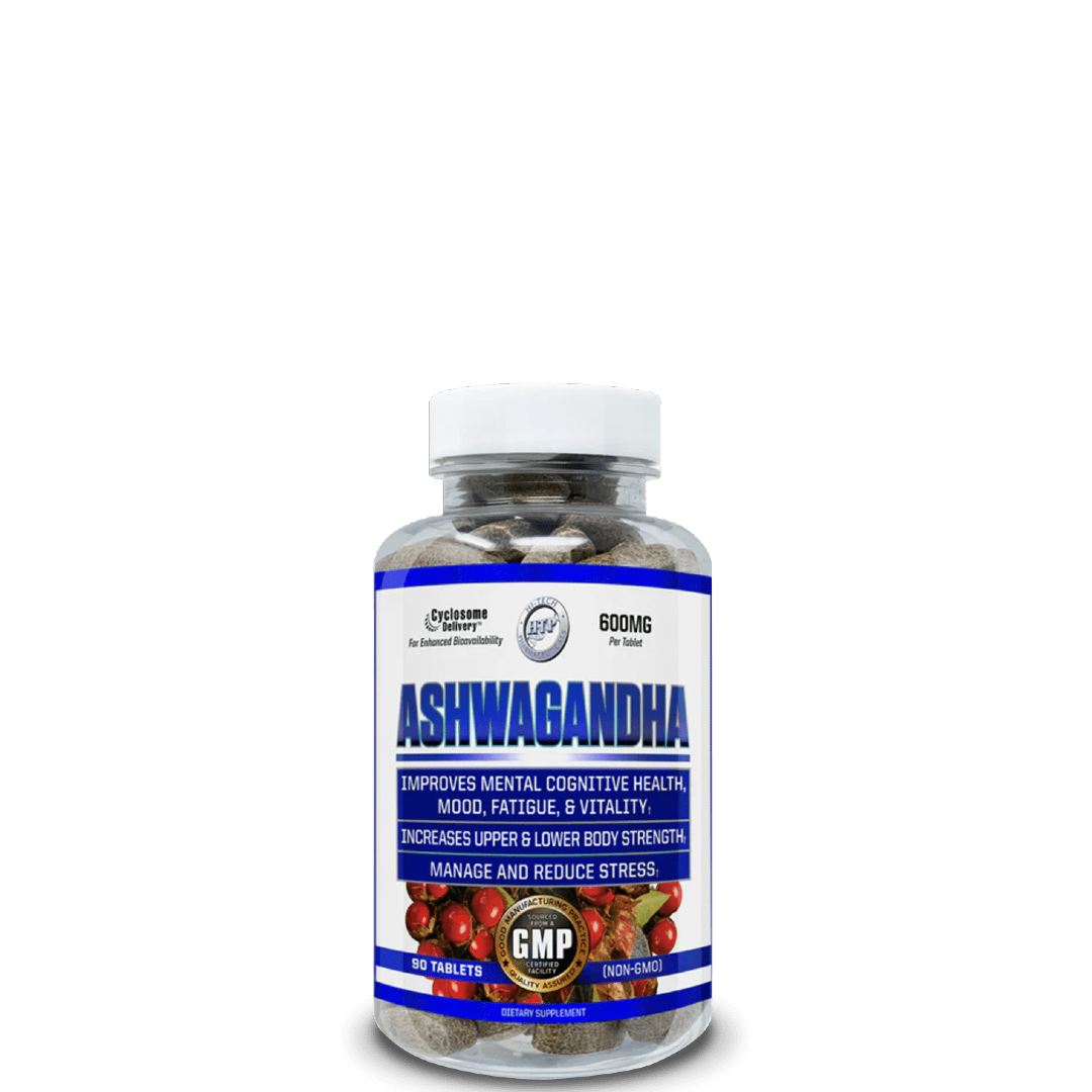 A bottle of Hi-Tech Pharmaceuticals Ashwagandha supplement with a label detailing product benefits and proprietary technology.