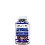 A bottle of Hi-Tech Pharmaceuticals Ashwagandha supplement with a label detailing product benefits and proprietary technology.