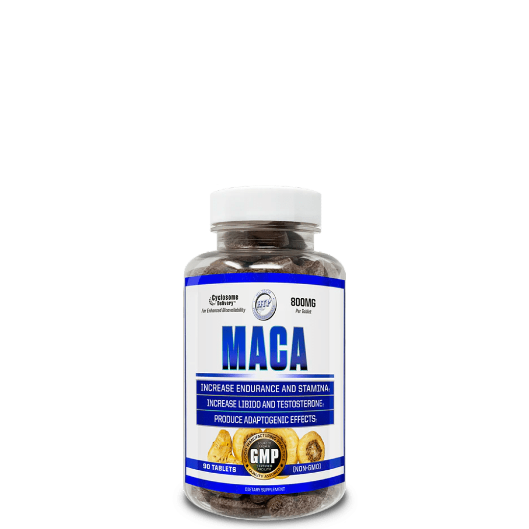 A bottle of Hi-Tech Pharmaceuticals Maca supplement with a label detailing product benefits and branding information.