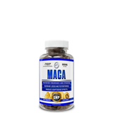 A bottle of Hi-Tech Pharmaceuticals Maca supplement with a label detailing product benefits and branding information.
