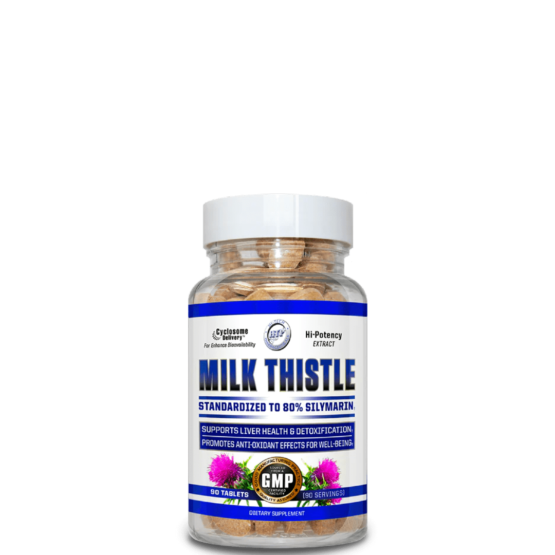 A bottle of Hi-Tech Pharmaceuticals Milk Thistle supplement with a blue and white label, indicating it is standardized to 80% Silymarin.