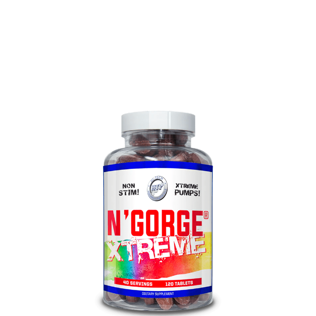 A bottle of Hi-Tech Pharmaceuticals N'Gorge Xtreme, with 120 tablets for muscle building and vascularity.