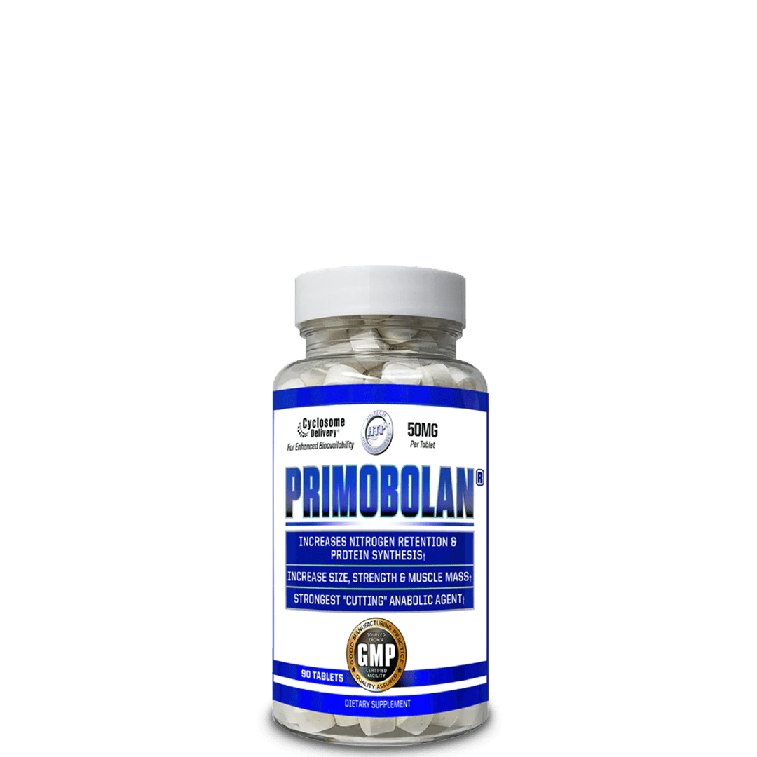 A bottle of Primobolan supplement with a blue and white label, indicating it is used for increasing muscle size and strength.