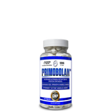 A bottle of Primobolan supplement with a blue and white label, indicating it is used for increasing muscle size and strength.