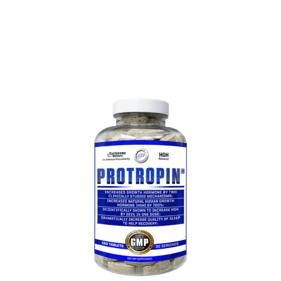 A bottle of Protropin supplement with a label detailing the product's benefits and ingredients, including cyclic peptides and amino acids.