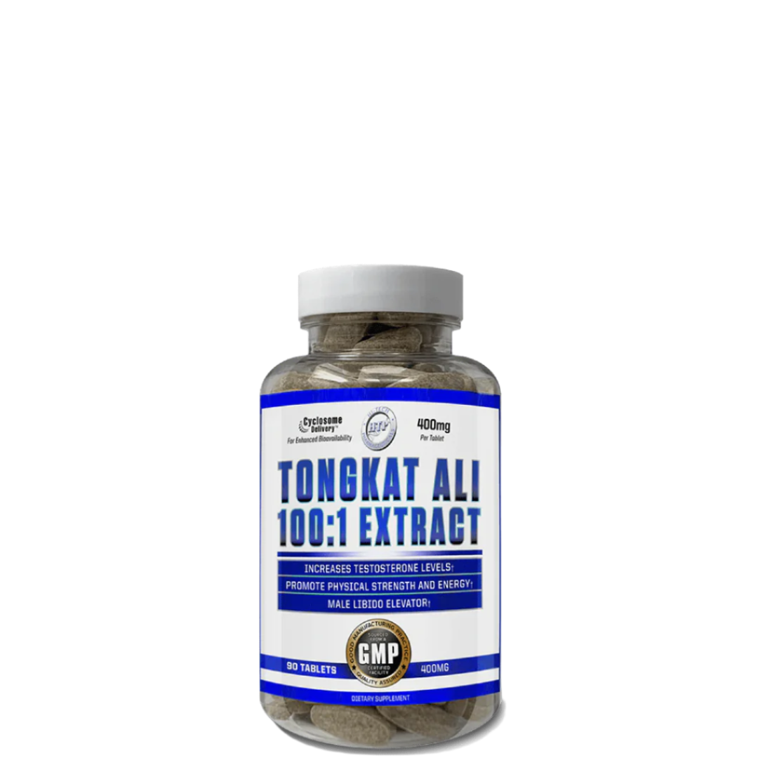 A bottle of Tongkat Ali 100:1 Extract dietary supplement tablets from Hi-Tech Pharmaceuticals, with a blue and white label, GMP certification, and 400mg dosage strength.