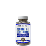 A bottle of Tongkat Ali 100:1 Extract dietary supplement tablets from Hi-Tech Pharmaceuticals, with a blue and white label, GMP certification, and 400mg dosage strength.
