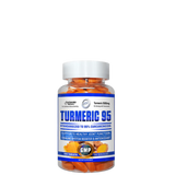 A bottle of Turmeric 95 dietary supplement with a label indicating it is standardized to 95% Curcumin, supports healthy joint function, and has 60 capsules inside.