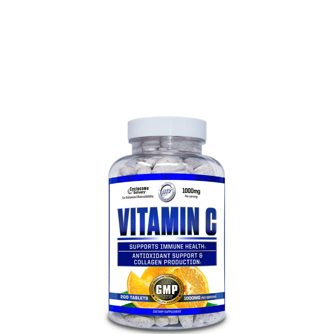 A bottle of Hi-Tech Pharmaceuticals Vitamin C supplements with 1000mg dosage, labeled as supporting immune health and antioxidant support.