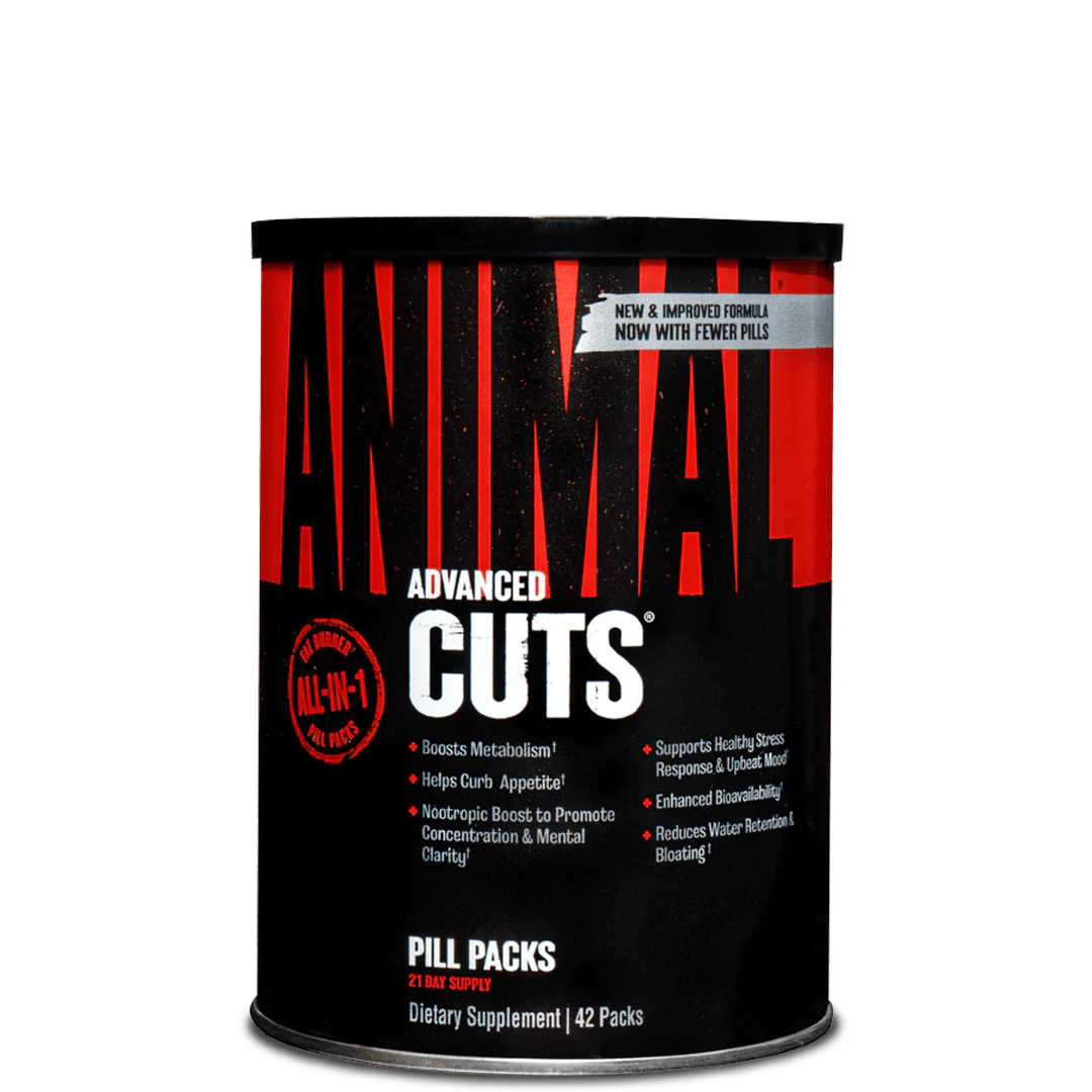 Container of Universal Nutrition ANIMAL CUTS with 42 packs, featuring a black and red design with white text.