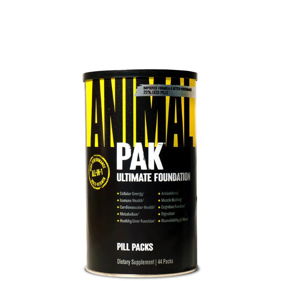 Container of ANIMAL PAK Ultimate Foundation dietary supplement with black and yellow label, indicating it contains pills for energy and performance support.