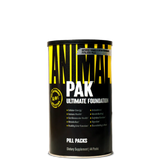 Container of ANIMAL PAK Ultimate Foundation dietary supplement with black and yellow label, indicating it contains pills for energy and performance support.
