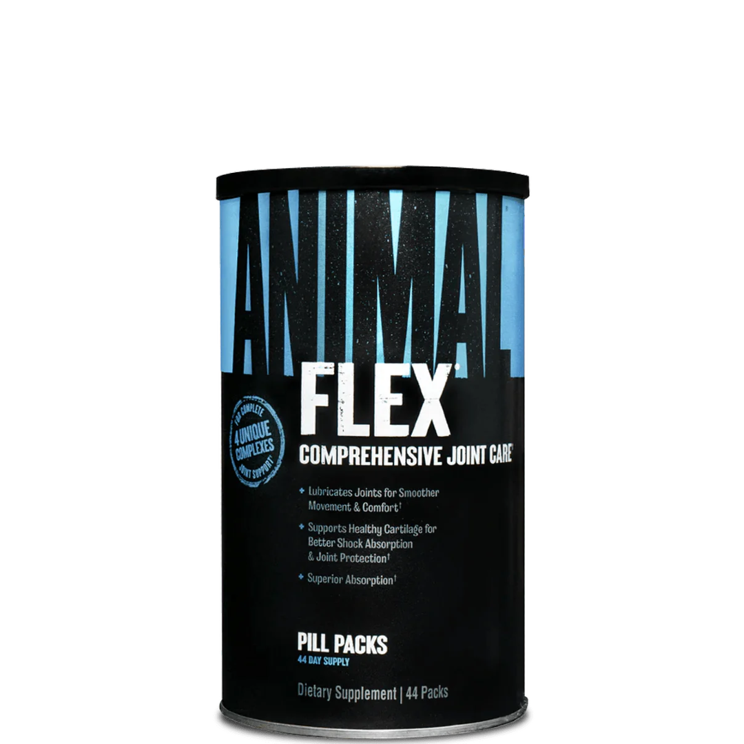 A container of ANIMAL FLEX comprehensive joint care dietary supplement, featuring the product's name and branding on the label.