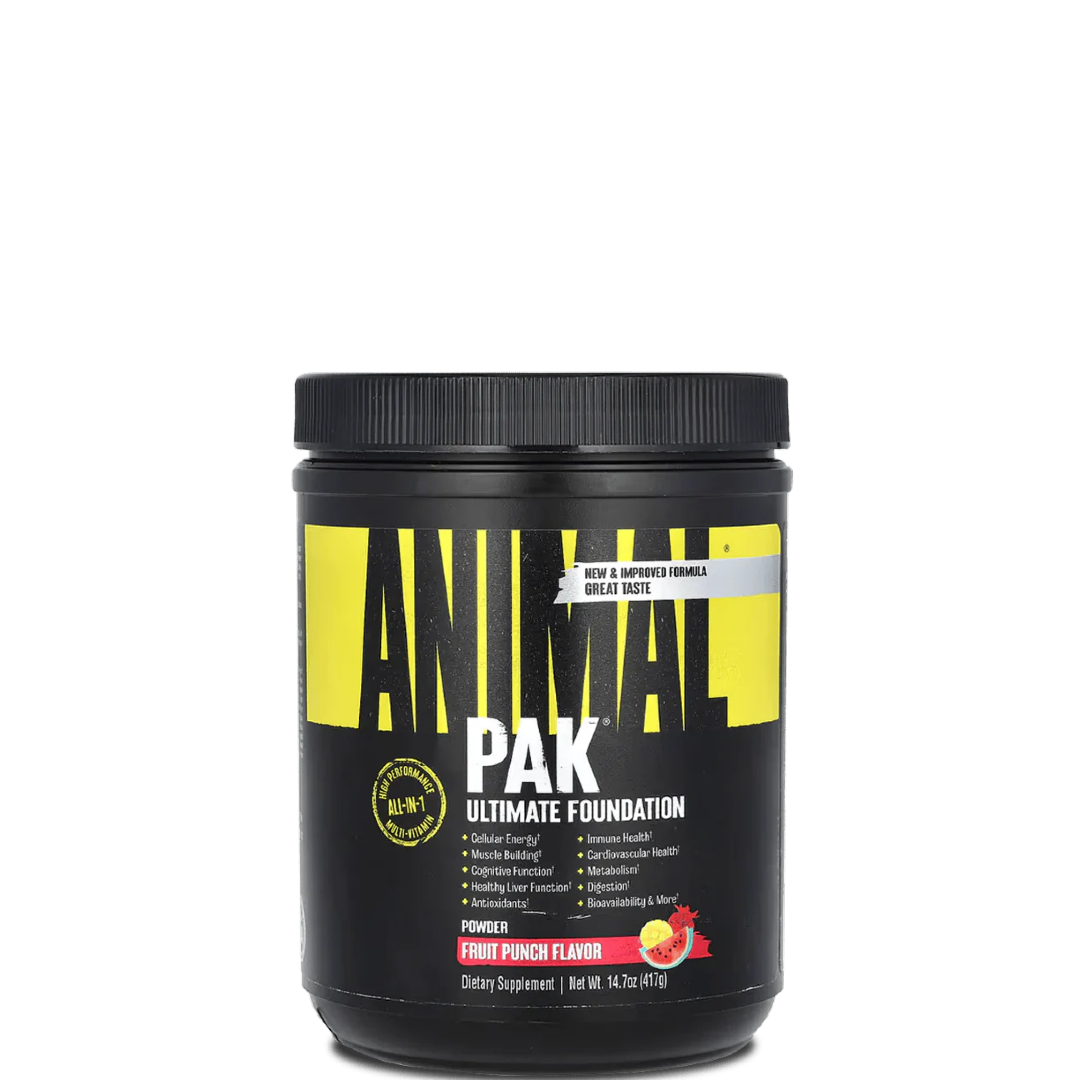 A container of ANIMAL PAK multivitamin powder with black, yellow, and white labeling, indicating various flavors and nutritional information.