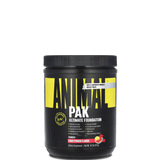 A container of ANIMAL PAK multivitamin powder with black, yellow, and white labeling, indicating various flavors and nutritional information.