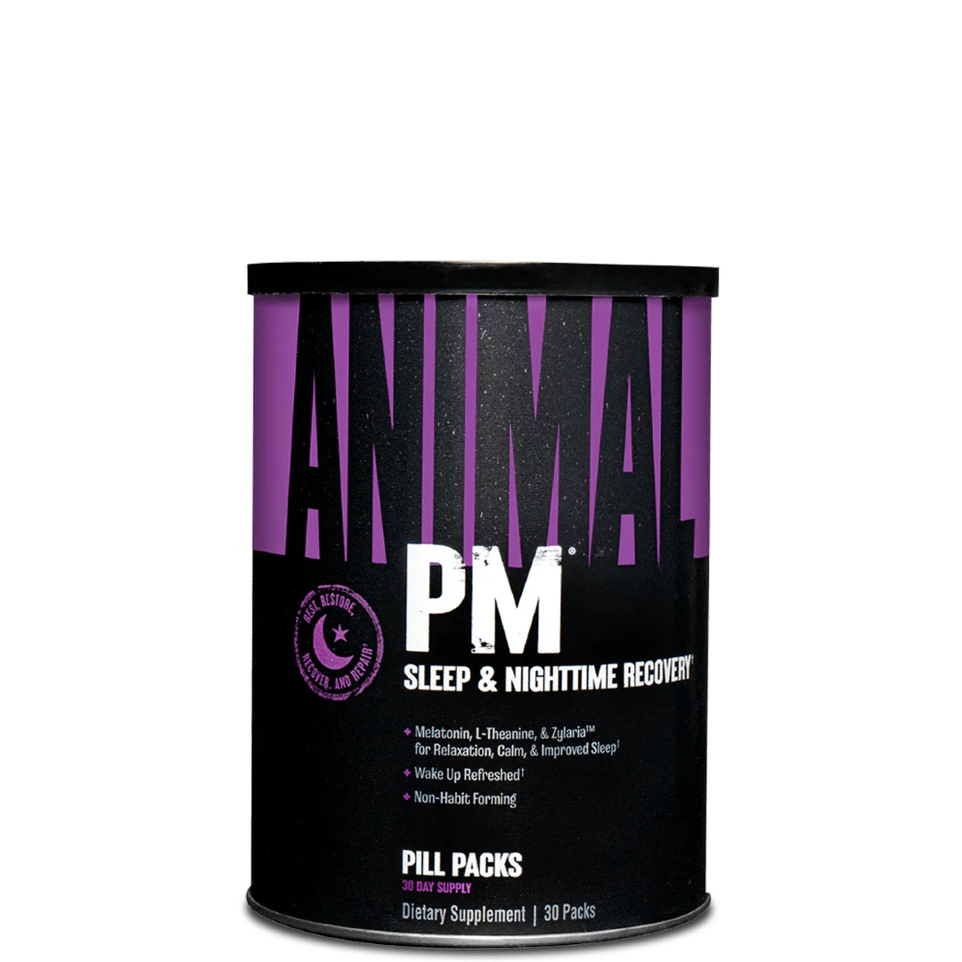 A container of ANIMAL PM sleep and nighttime recovery supplement, featuring a black and purple design with the product name and branding.