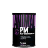 A container of ANIMAL PM sleep and nighttime recovery supplement, featuring a black and purple design with the product name and branding.