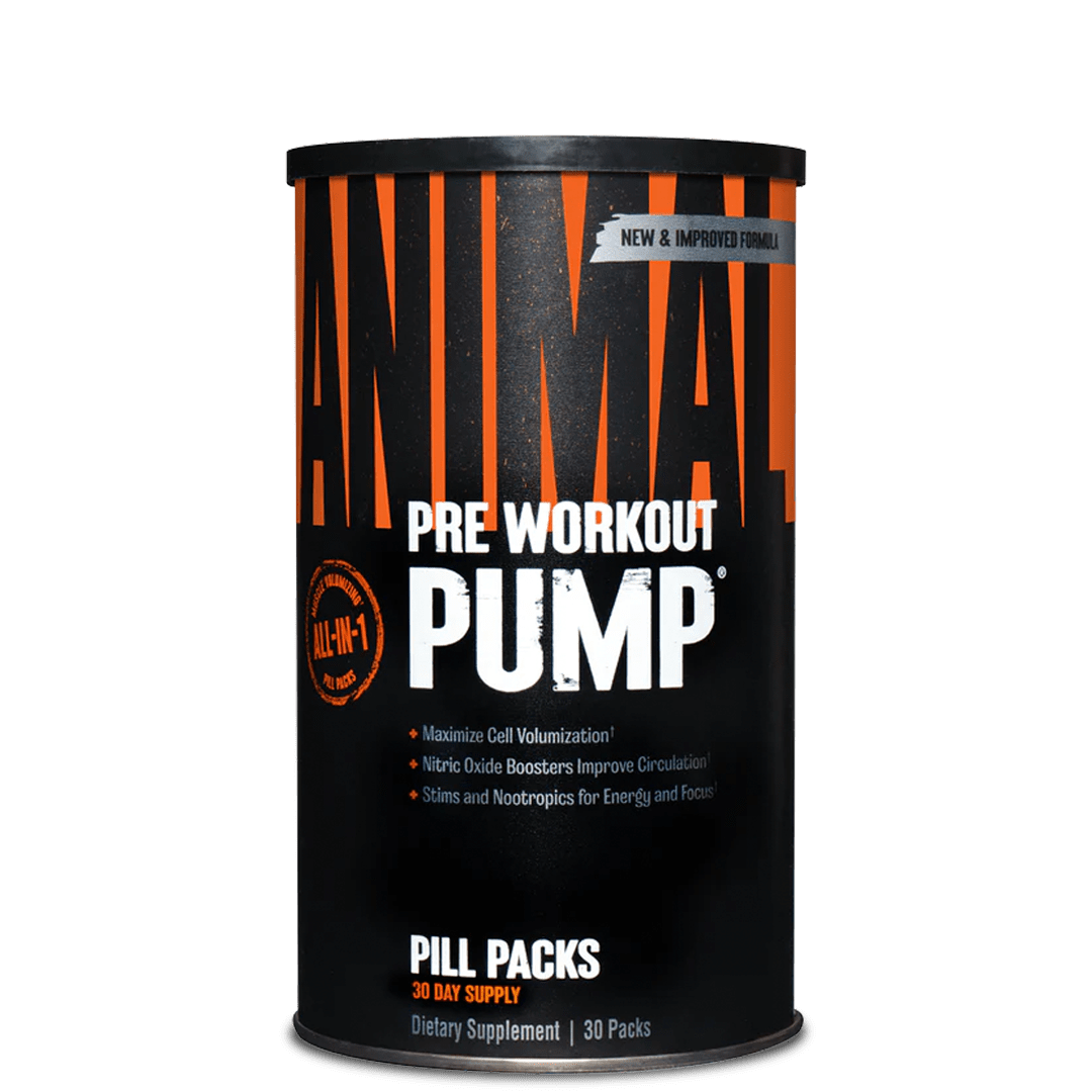 A container of Animal Pump pre-workout supplement with 30 pill packs for muscle building and vascularity.