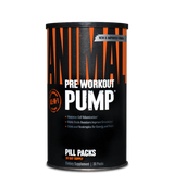 A container of Animal Pump pre-workout supplement with 30 pill packs for muscle building and vascularity.