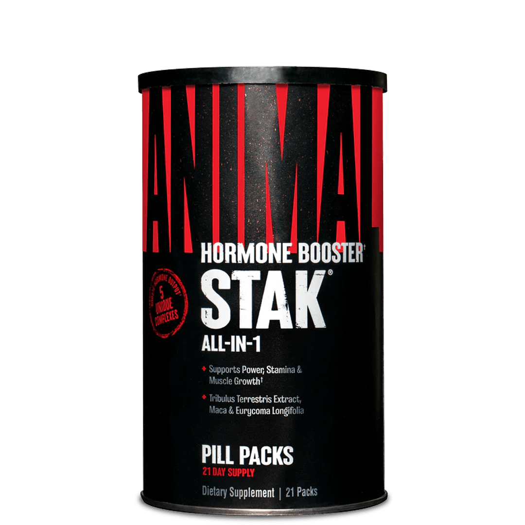 A container of Animal M-Stak, which is a non-hormonal, anabolic supplement pack designed for building lean muscle.