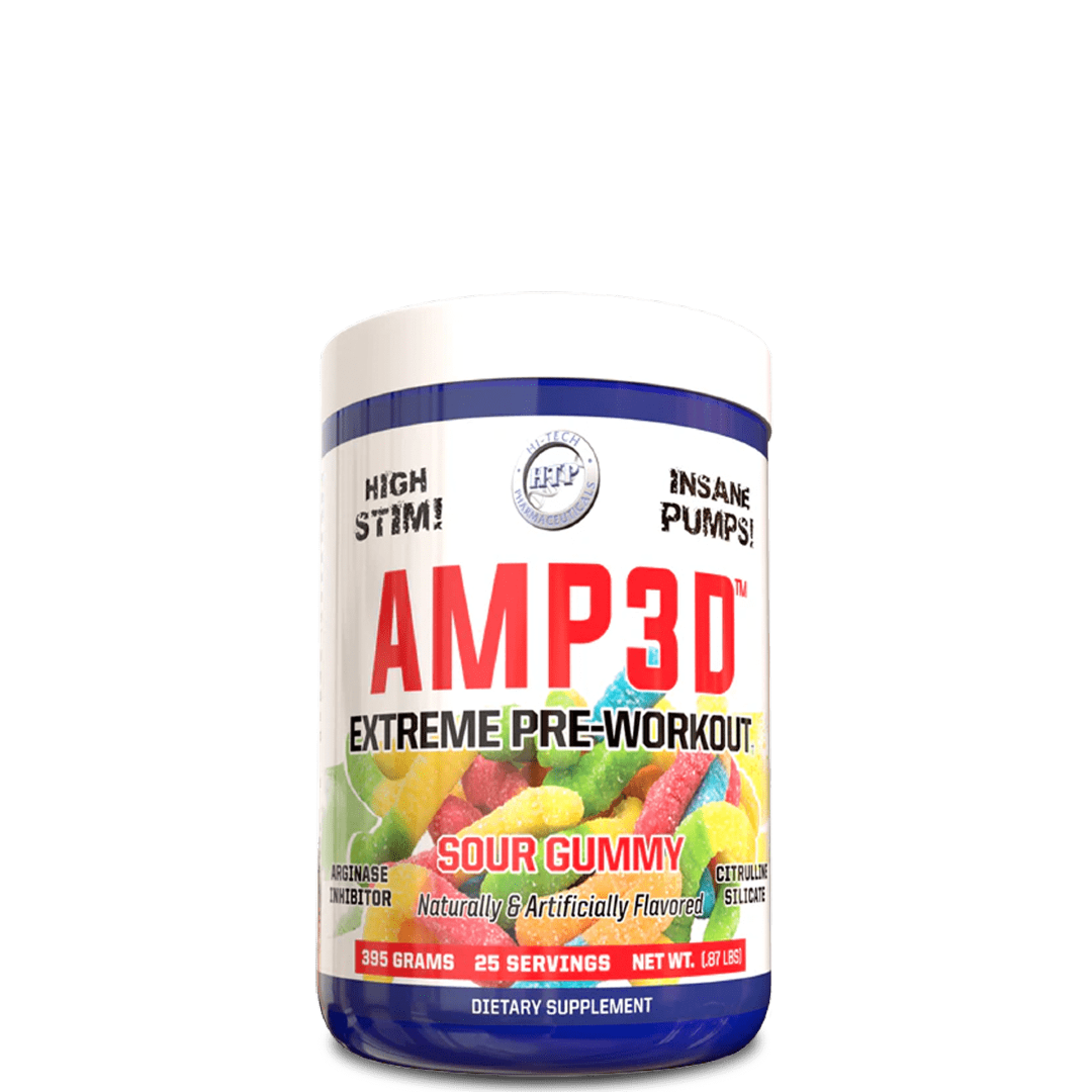 A container of Hi-Tech AMP3D Extreme Pre-Workout in sour gummy flavor. The label is colorful with red, blue, and yellow accents and displays the product name prominently.